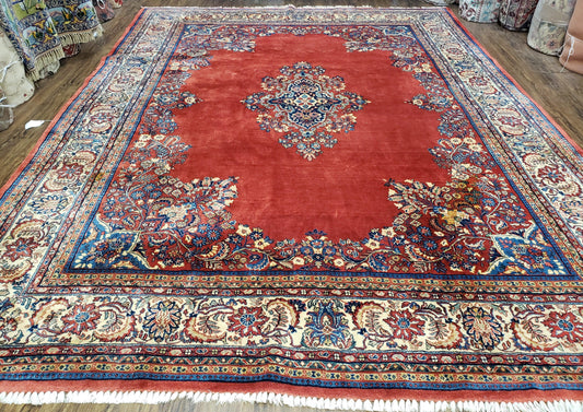 Semi Antique Persian Sarouk Rug 9x12, Semi Open Field with Central Medallion, Hand Knotted Wool, Tomato Red, 9 x 12 Authentic Oriental Carpet