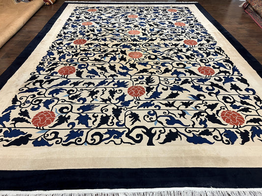 Antique Chinese Peking Rug 10x14, Beige Black, Handmade Wool Art Deco Carpet