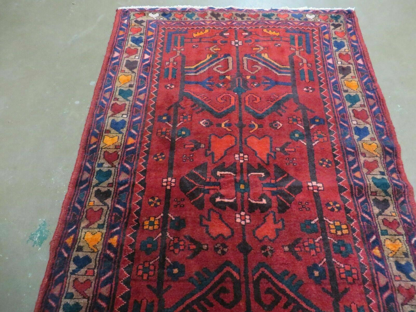 Antique Persian Hamadan Runner 3.4 x 9.7 - Wool, Red and Navy Blue