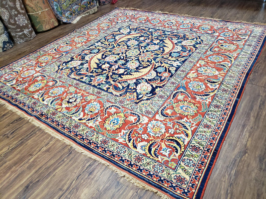 Square Turkish Mahal Rug 8 x 8.5, Colorful Square Carpet, Large 8ft Square Rug, Blue Red Yellow, Handmade Wool, Vintage, Large Flowers, Nice