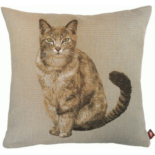 Tabby Cat Sitting Light Grey French Cushion