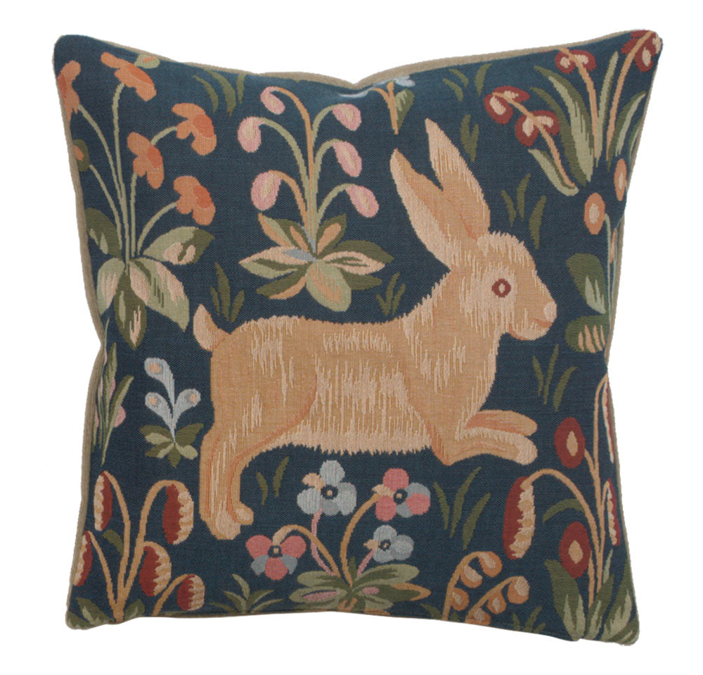 Running Rabbit in Blue French Cushion