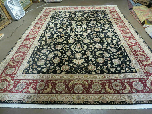 9' X 12' Vintage Handmade Fine Chinese Oriental Floral Wool Rug Silk Black