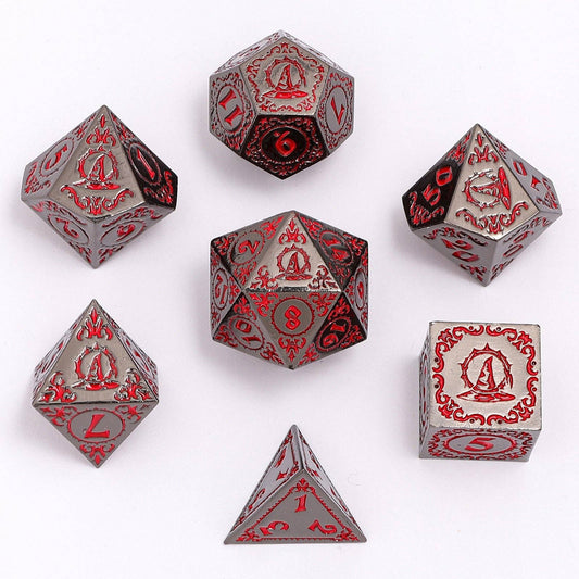 Wizard Solid Metal Polyhedral Dice Set - Gunmetal with Blood