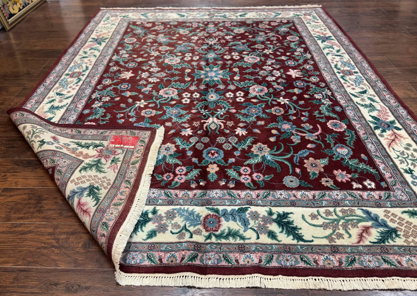 Indo Persian Rug 8x10, Red and Ivory, Floral Allover, Handmade Wool Area Rug