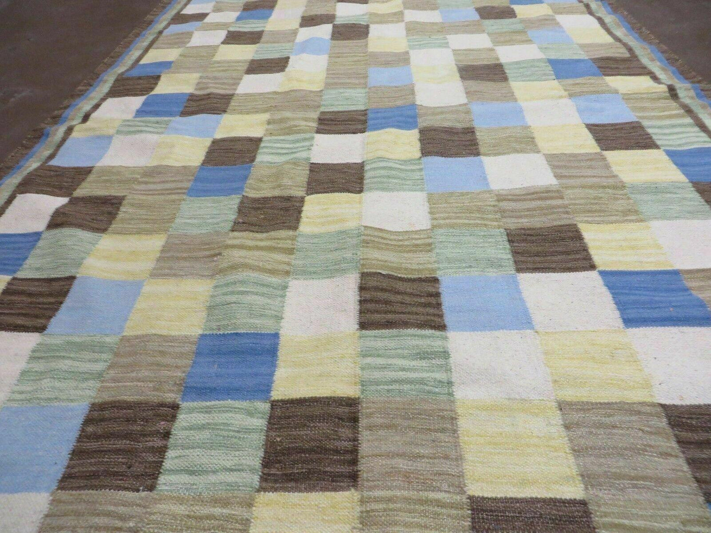 5' X 8' Hand-knotted Kilim Dhurrie Wool Cotton Rug Flat Weave Carpet Checkered Pattern Colorful Multicolor