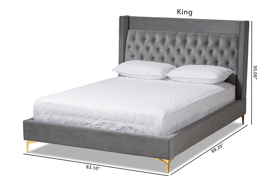 Baxton Studio Valery Modern and Contemporary Dark Gray Velvet Fabric Upholstered Queen Size Platform Bed with Gold-Finished Legs