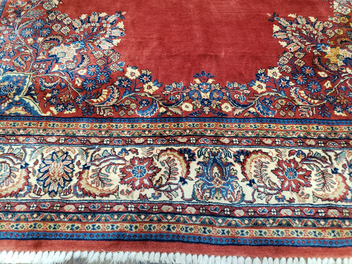 Semi Antique Persian Sarouk Rug 9x12, Semi Open Field with Central Medallion, Hand Knotted Wool, Tomato Red, 9 x 12 Authentic Oriental Carpet