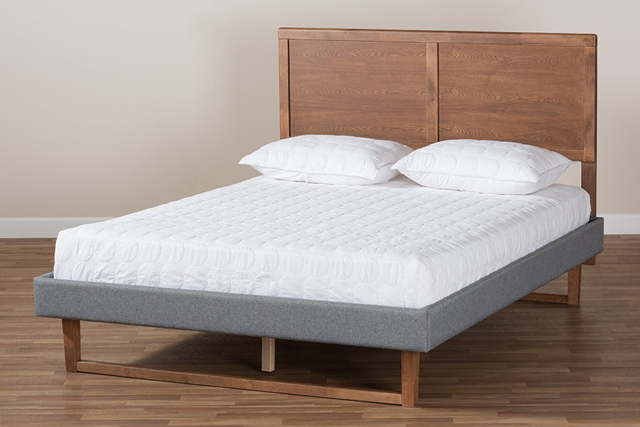 Baxton Studio Allegra Mid-Century Modern Dark Grey Fabric Upholstered and Ash Walnut Brown Finished Wood Full Size Platform Bed