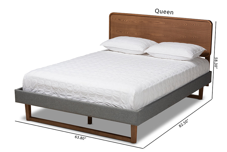 Baxton Studio Ayla Mid-Century Modern Dark Grey Fabric Upholstered Walnut Brown Finished Wood Full Size Platform Bed