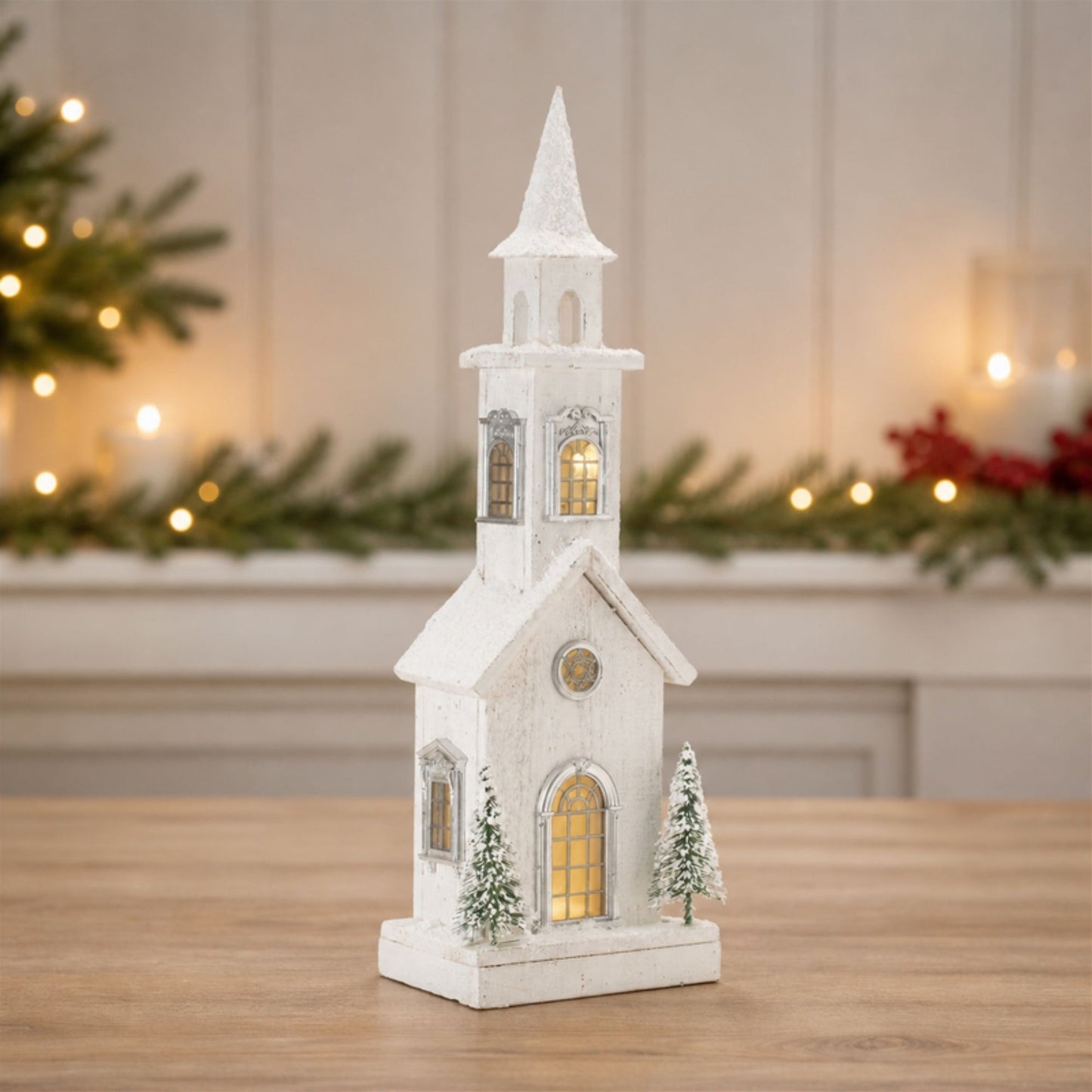 LED Flocked Wooden Church 24"H
