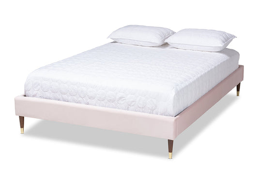 Baxton Studio Volden Glam and Luxe Light Pink Velvet Fabric Upholstered Full Size Wood Platform Bed Frame with Gold-Tone Leg Tips