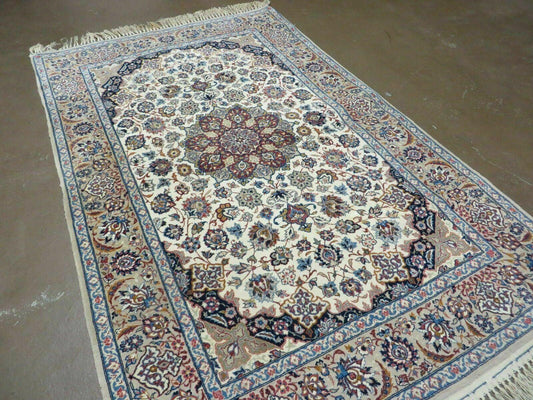 Persian Isfahan Rug 3x6, Fine 650 KPSI, Hand Knotted, Ivory