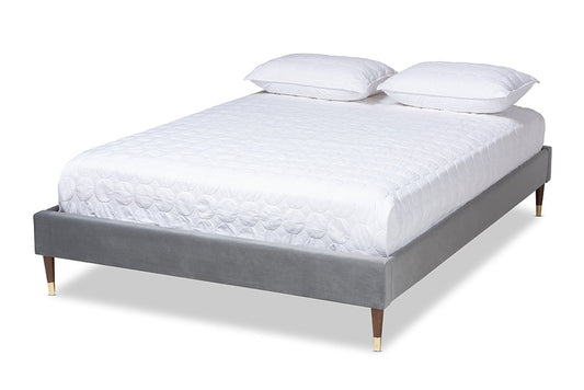 Baxton Studio Volden Glam and Luxe Charcoal Velvet Fabric Upholstered Full Size Wood Platform Bed Frame with Gold-Tone Leg Tips