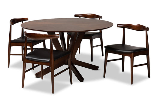 Baxton Studio Berlin Mid-Century Modern Black Faux Leather Upholstered Walnut Finished 5-Piece Wood Dining Set