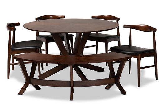 Baxton Studio Berlin Mid-Century Modern Black Faux Leather Upholstered Walnut Finished 6-Piece Wood Dining Set