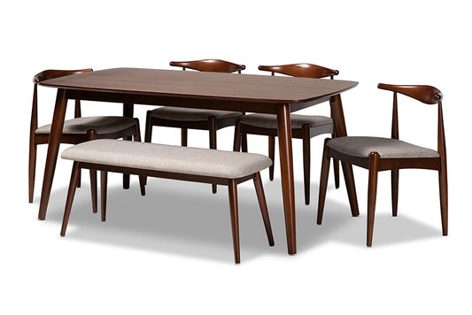 Baxton Studio Aeron Mid-Century Modern Light Gray Fabric Upholstered Walnut Finished Wood 6-Piece Dining Set