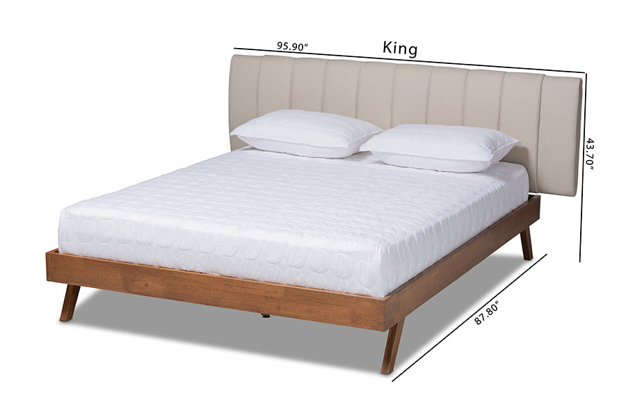Baxton Studio Brita Mid-Century Modern Light Beige Fabric Upholstered Walnut Finished Wood King Size Bed