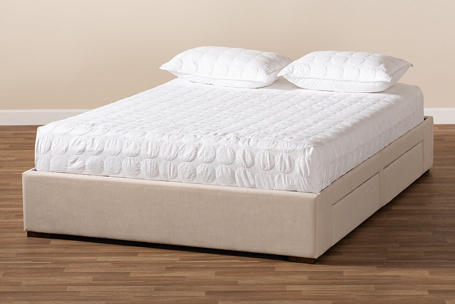 Baxton Studio Leni Modern and Contemporary Beige Fabric Upholstered 4-Drawer King Size Platform Storage Bed Frame