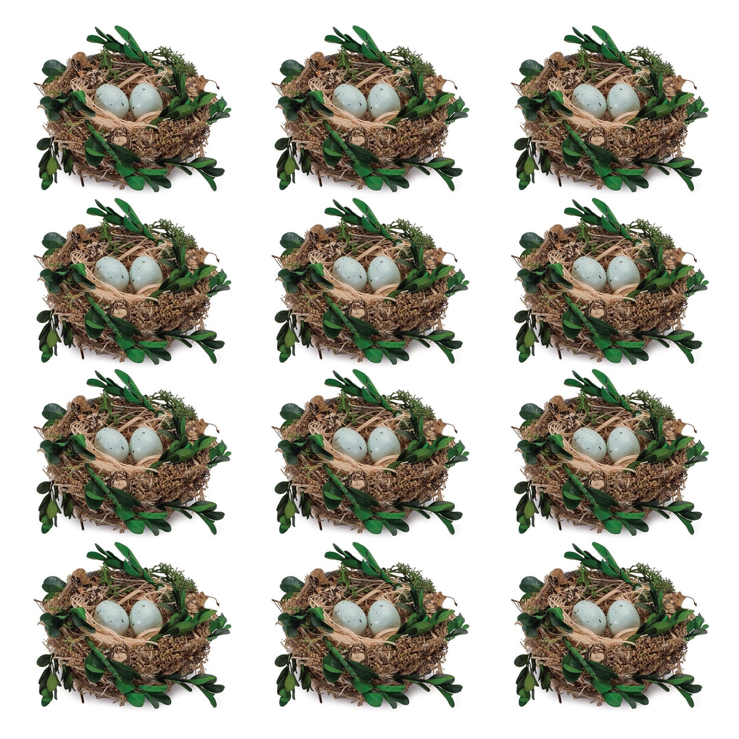 Twig Bird Nest with Eggs and Boxwood Foliage (Set of 12)