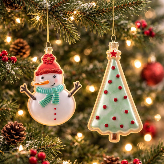 Glass Snowman and Tree Ornament Set of 12