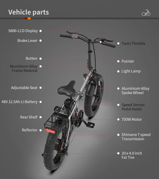 20x4.0 Inch Foldable Fat Tire Electric Bike 48V 12.5AH Extended Range Dual Disc Brakes Fenders