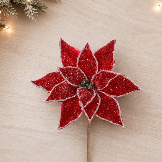 Glittered Poinsettia Flower Stem (Set of 2)