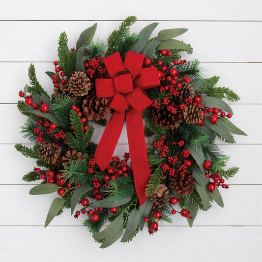 Fresh Touch Pine and Berry Wreath with Bow 24"D