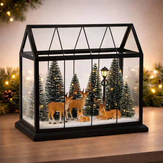 LED Greenhouse Scene with Deer and Pine Trees 13"H