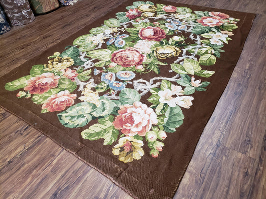 Floral Needlepoint Rug, Medium Rug, Vintage Area Rug, Handmade Flat Weave Rug, Dark Brown Rug, Multicolor Large Colorful Flowers, 6x8