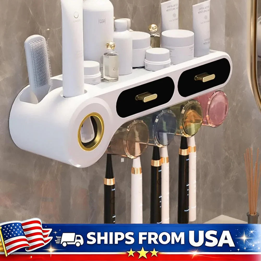 Toothbrush Holder Wall Mounted With Automatic Toothpaste Dispenser And Drawer