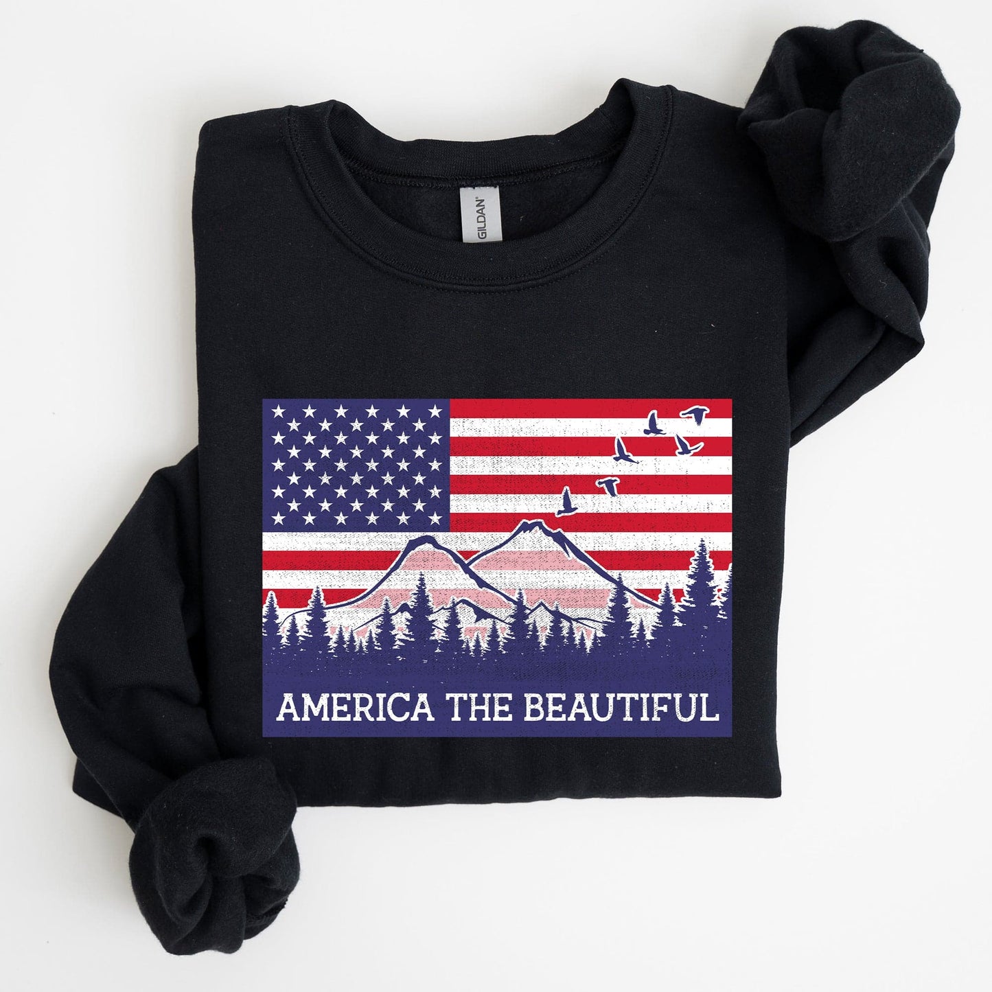America The Beautiful Flag Mountains Patriotic Scenic Wilderness Outdoor Adventure Sweatshirt