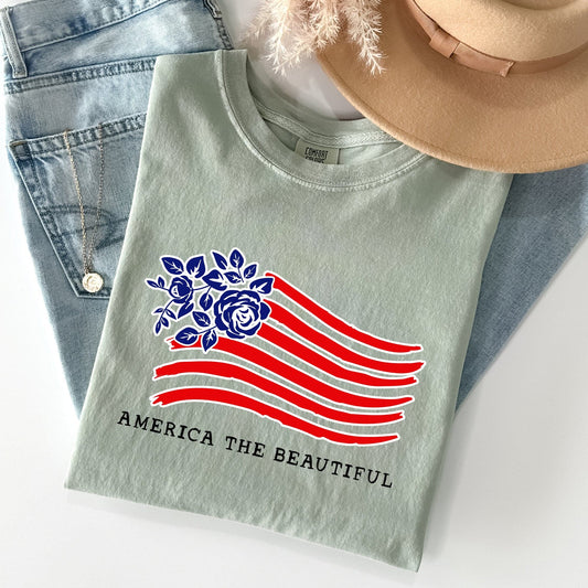America The Beautiful Flower Flag Patriotic Heritage Pride Vintage Americana Statement Comfort Colors Tee