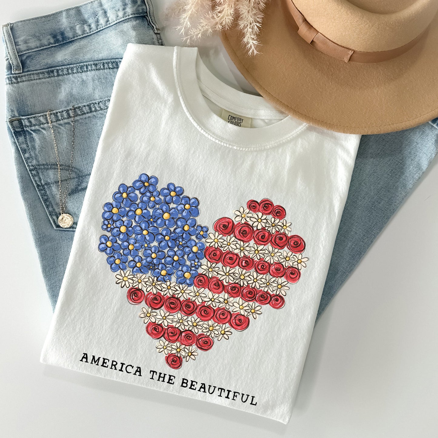 America The Beautiful Flowers Heart Flag Patriotic Floral Design Comfort Colors Tee