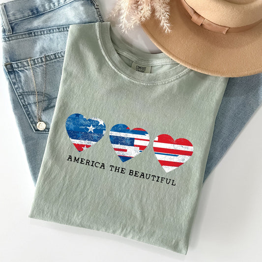 America The Beautiful Retro Hearts Patriotic Vintage Flag Inspired Graphic Edition Comfort Colors Tee