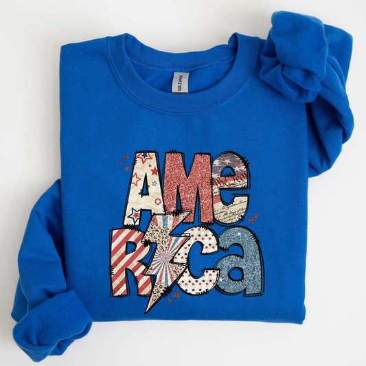America Patriot Lightning Bolt Patch Graphic In Bold Patriotic Style Sweatshirt