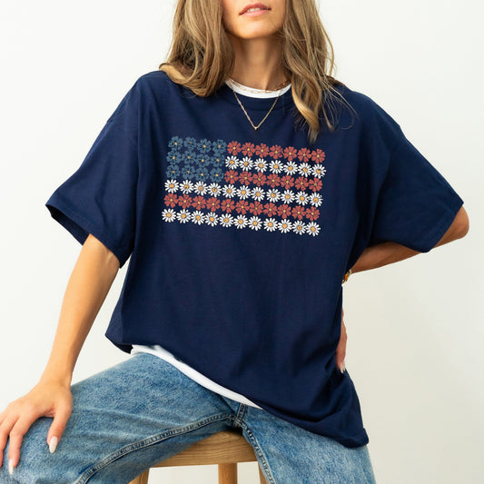 American Flag Floral Patriotic Garden 1776 USA Inspired Vintage Style Comfort Colors Tee