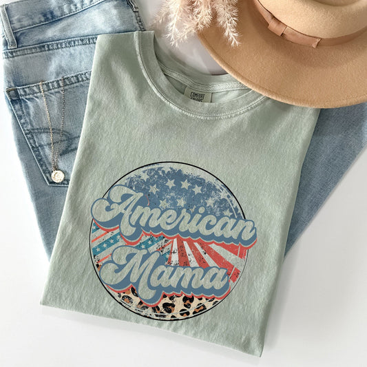 American Mama Leopard Print Patriotic 4th of July Vintage Flag Pattern Comfort Colors Tee
