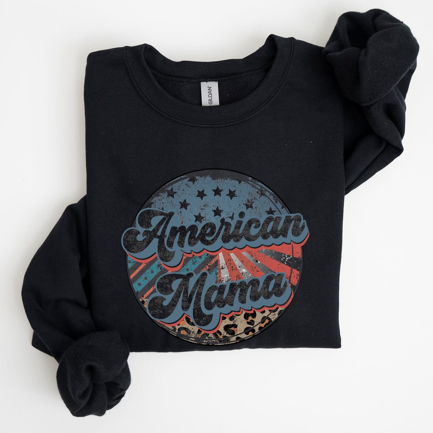 American Mama Leopard Print Patriotic Independence Day Celebration Edition Sweatshirt