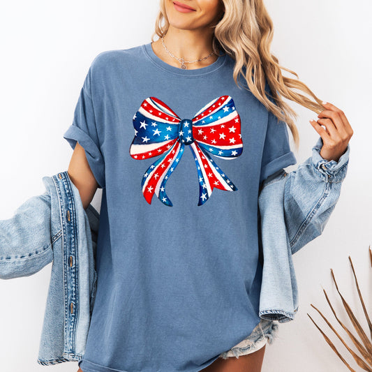 American Bow Patriotic Flag Bow Americana Pride Graphic Vintage Edition Comfort Colors Tee