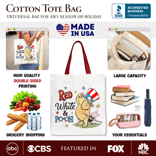 Red White & Proud Winnie-the-Pooh Tote Bag, 1926 A.A. Milne Patriotic 4th of July Gift Shopper