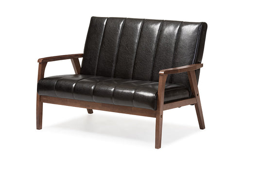 Baxton Studio Nikko Mid-century Modern Scandinavian Style Black Faux Leather Wooden 2-Seater Loveseat