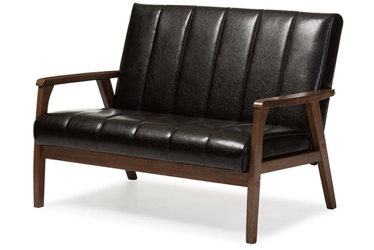 Baxton Studio Nikko Mid-century Modern Scandinavian Style Dark Brown Faux Leather Wooden 2-Seater Loveseat