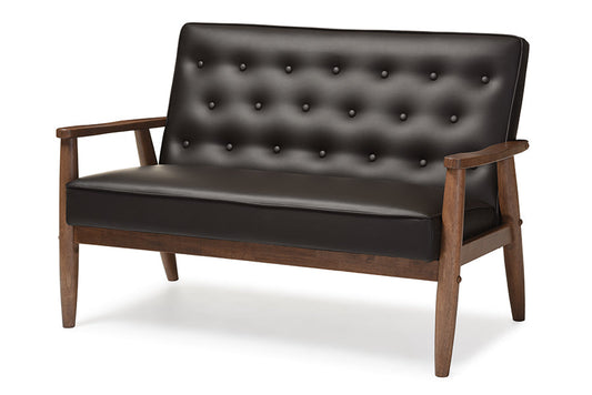 Baxton Studio Sorrento Mid-century Retro Modern Brown Faux Leather Upholstered Wooden 2-seater Loveseat