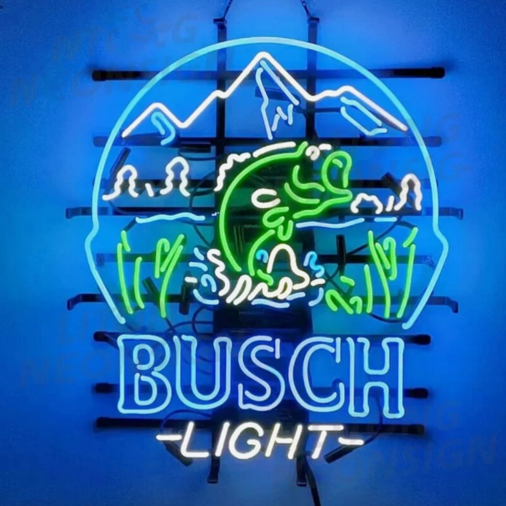 Bass Fish and Busch Light Neon Sign – 24" x 20" Real Glass Tube with Metal Grid Backing