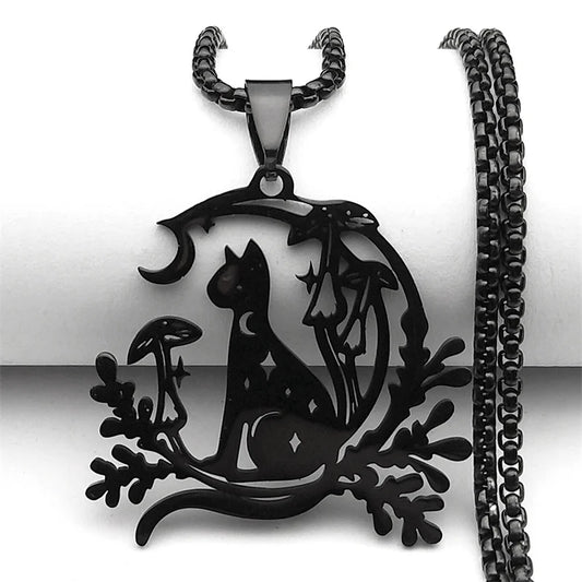 Cat Moon Mushroom Necklace
