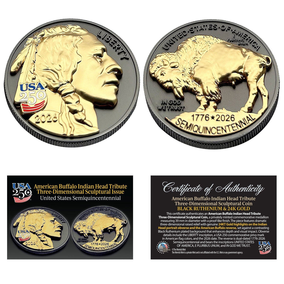 3D American Buffalo Indian Head Tribute Coin With USA 250th Privy Mark