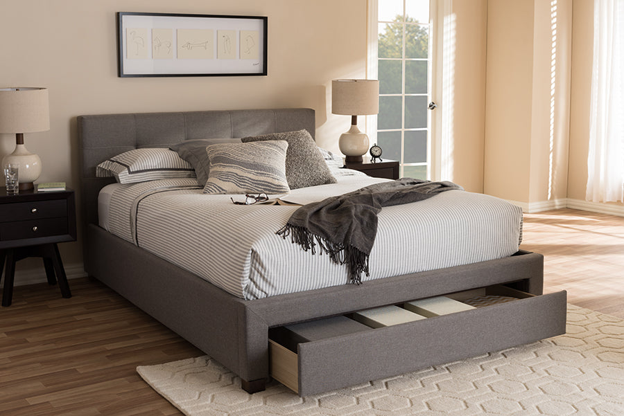 Baxton Studio Brandy Modern and Contemporary Grey Fabric Upholstered Queen Size Platform Bed with Storage Drawer