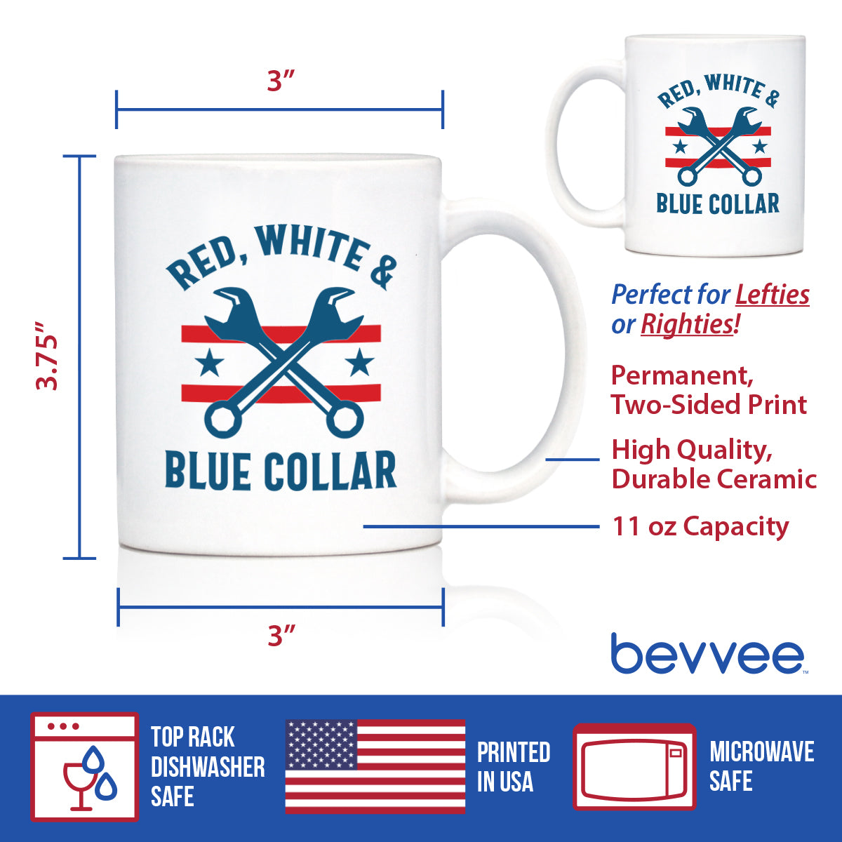 Red White & Blue Collar Coffee Mug Gifts for American Patriots White Ceramic Coffee Cup