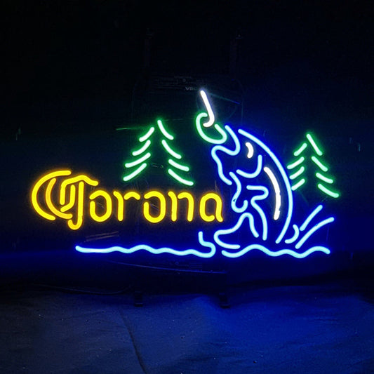 Corona Extra Go Fishing Neon Sign with Real Glass Tubes and Metal Grid, 19"x12" Backing Size, Includes US/UK/EU/AU Plugs